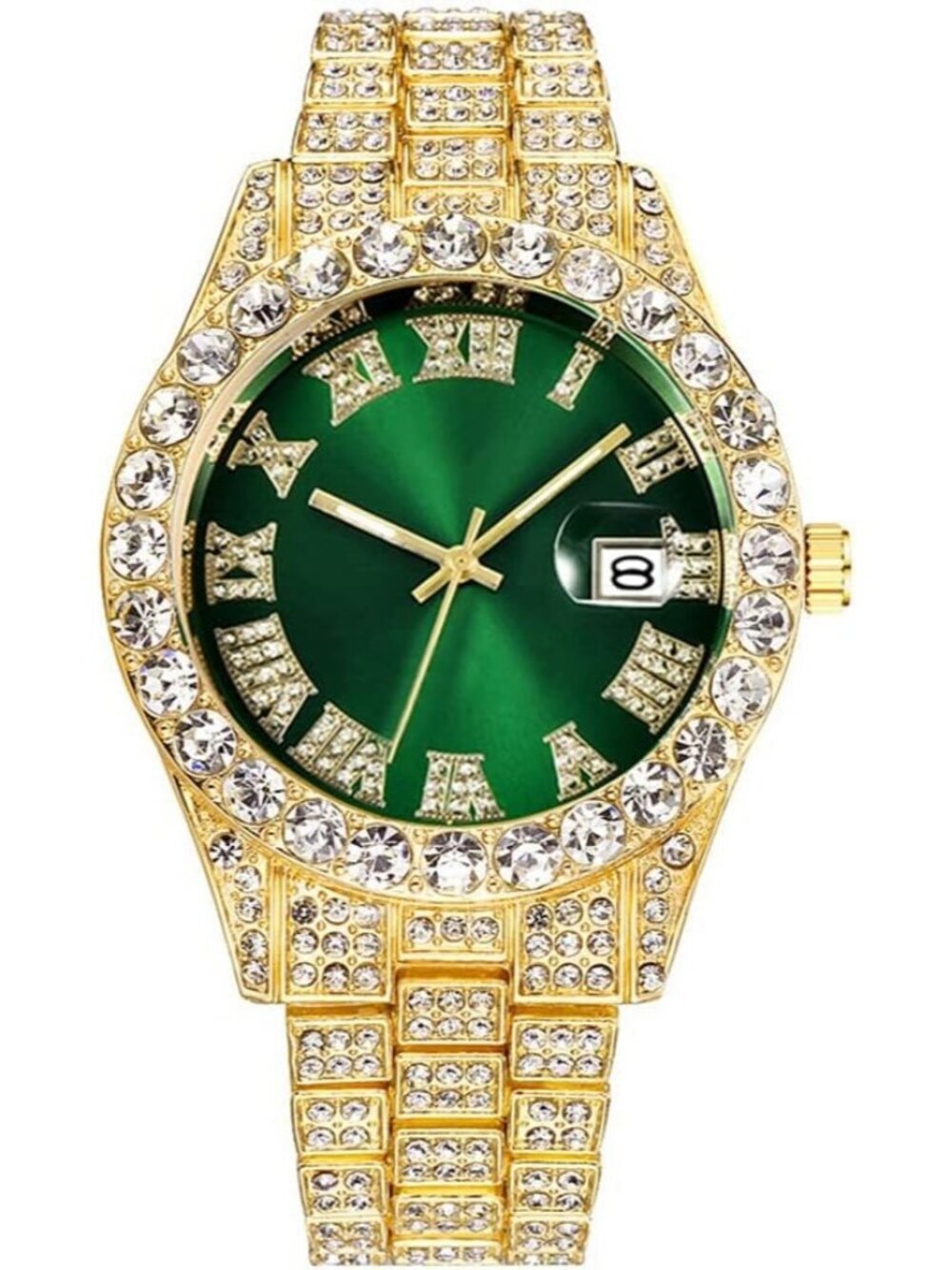 Men's Gold Green Analog Crystal Rhinestone Diamond Iced-Out Bracelet Wrist Watch
